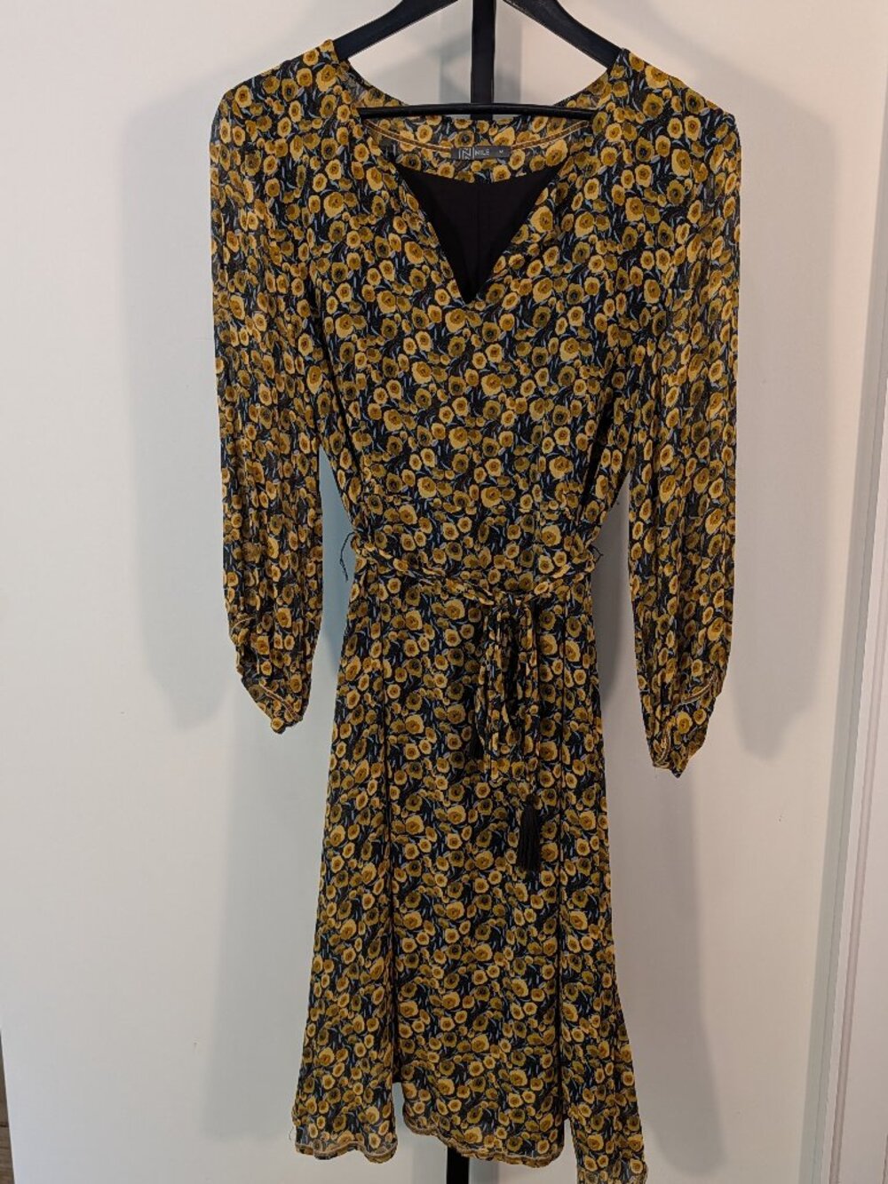 NILE Swiss Designer Floral Midi Dress 100% Viscose Mustard Black Blue | Sz M